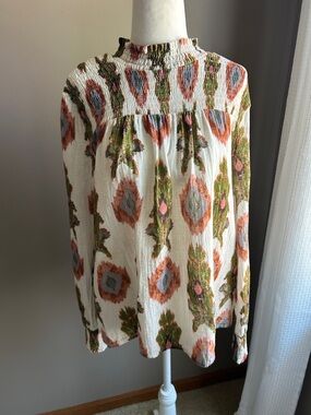Mystree Boho Smocked Neck Long Sleeve Blouse with Green/Orange Print, Size L